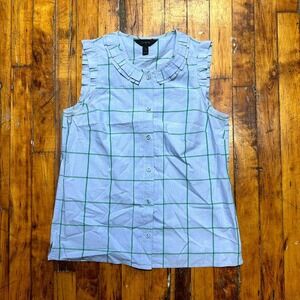 J.Crew Top Womens 0 Blue Green Plaid Ruffle Trim Sleeveless Button Front Classic